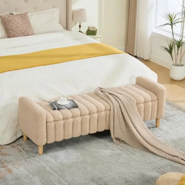 63.4" Modern Upholstered Backless End of Bed Bench - Wave Channel Tufted Flip-Top Foam Storage Compartment Accent Stool with Armrests, Solid Wood Legs, 63.50 lbs, Assembly Required for Bedroom, Entryway
