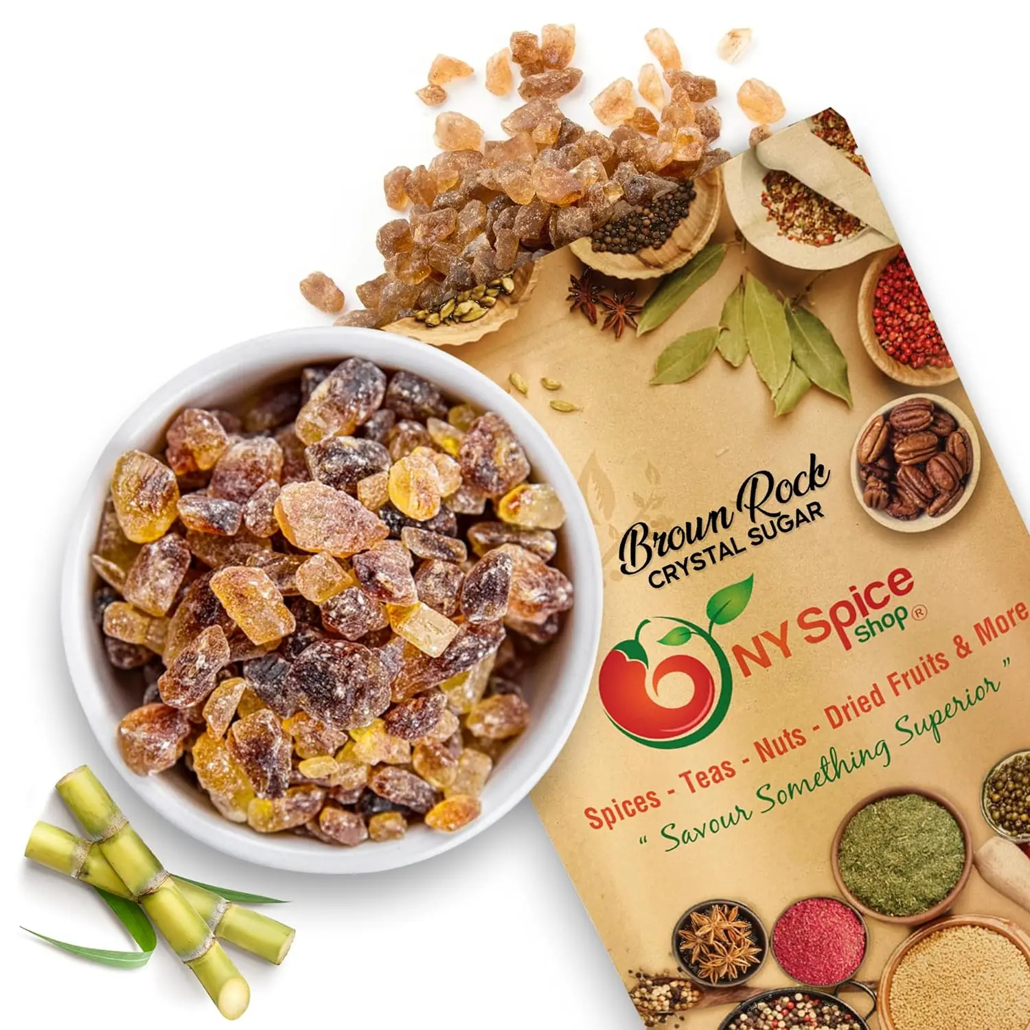 NY Spice Shop Brown Rock Crystal Sugar – Pure Cane Brown Sugar Candy – Crystallized Rock Sugar for Sweetening Tea & Coffee – Natural & Delicious