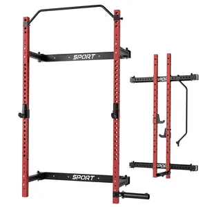 Space-Saving Folding Squat Rack Wall Mounted - 1000lbs Heavy Duty Power Rack for Home or Garage Gym - 2.36" x 2.36" Steel, Pull Up Bar, Adjustable J-Hooks, 360° Landmine Attachment, Collapsible Weight Lifting Station