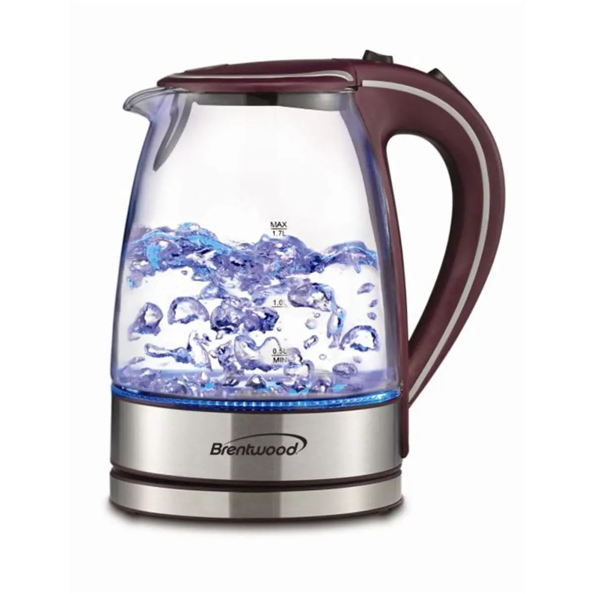 Brentwood 1.7L Tempered Glass Outdoor Camping Tea Kettle - Purple, 1100W, LED Light, Pull-Up Lid, Washable Anti-Scale Attached Filter, Cold Touch Handle, Concealed Heating Element, Overheat Protection, Swivel Base for Camp Kitchen