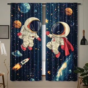 Two-Piece Space Astronaut Curtains, 100-120g Polyester, Rod Pocket Drapes, Modern Style, Spring Sublimation Print, Decorative, No Lining, Window Curtain, Room Decor Curtain, Home Decoration Curtain