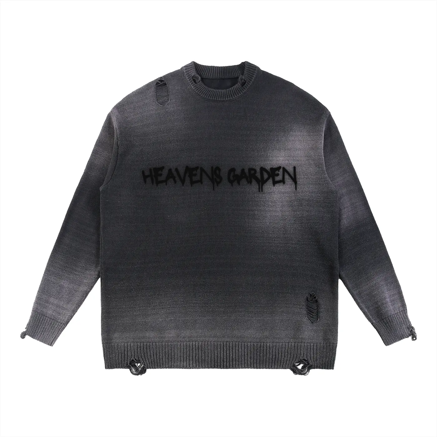 Sun-Fade Distressed “Heaven’s Garden” Crewneck Sweater (Black)