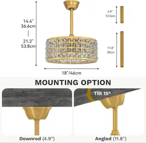 YITAHOME 18" Crystal Caged Ceiling Fan with Light, Modern Industrial Chandelier with Remote, 3 Speed & 3 Color Temperatures, Reversible Blades for Bedroom, Living Room - Gold