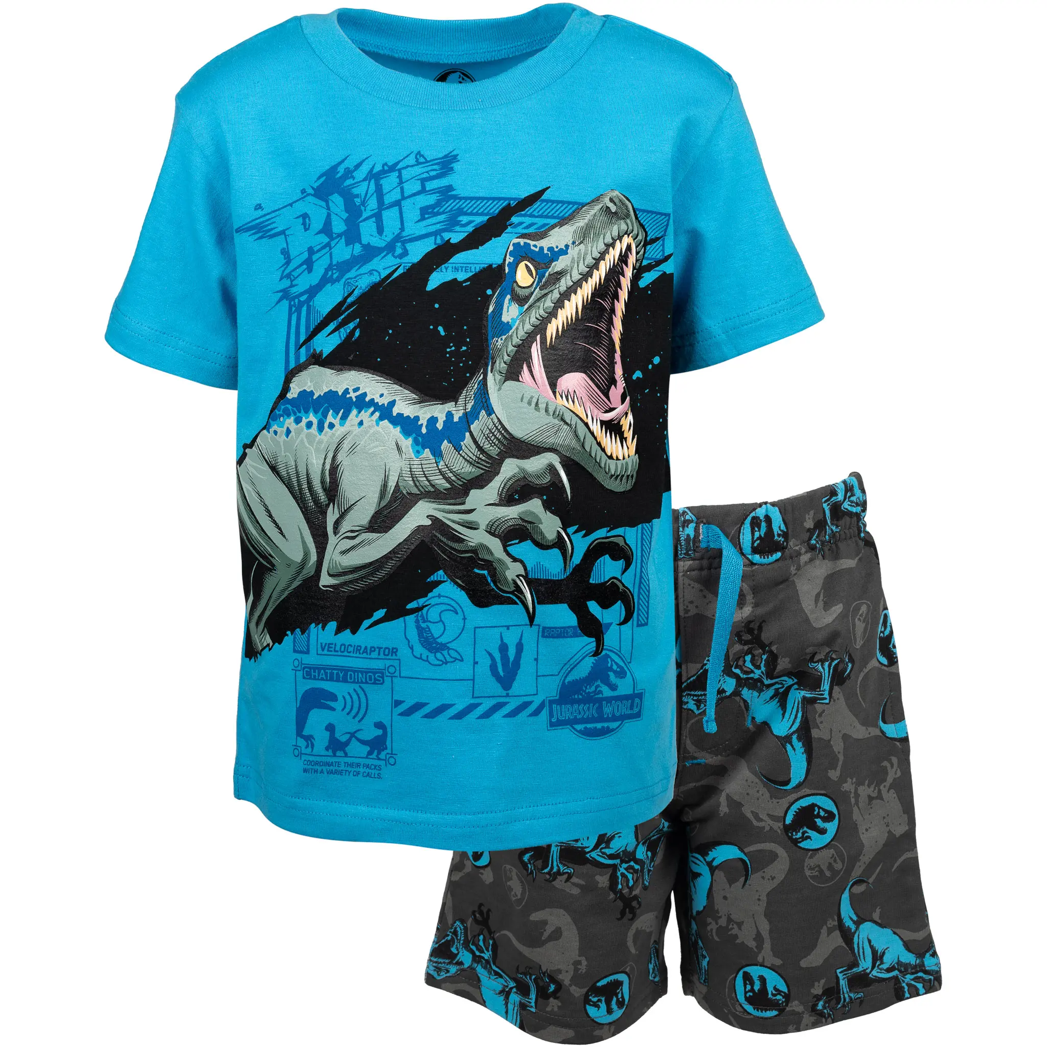 Jurassic World Boys' Blue the Raptor 2-Piece Soft Cotton Outfit Set - Graphic Print Tee, French Terry Drawstring Shorts with Side Pockets & All Over Print, Dark Grey, Toddler-Big Kid (2T,3T,4T,5T,3-4Yrs,10-11Yrs), Casual Playwear, Machine Washable, 3 - 4