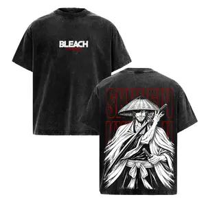 Bleach Anime Graphic Tee - Shunsui Kyoraku Acid Wash Oversized T-Shirt - Japanese Manga Streetwear Apparel for Men & Women, Captain Soul Reaper Vintage Washed Tee Retro 90s graphic good tees Casual American Short Sleeve Unisex T-shirt,Gym & Streetwear