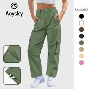 Aoysky Women's High-Waisted Barrel Cargo Jeans - Modest Basic Cotton Fabric Bottoms, Baggy Wide-Leg Casual Trousers with Pockets and Buttons