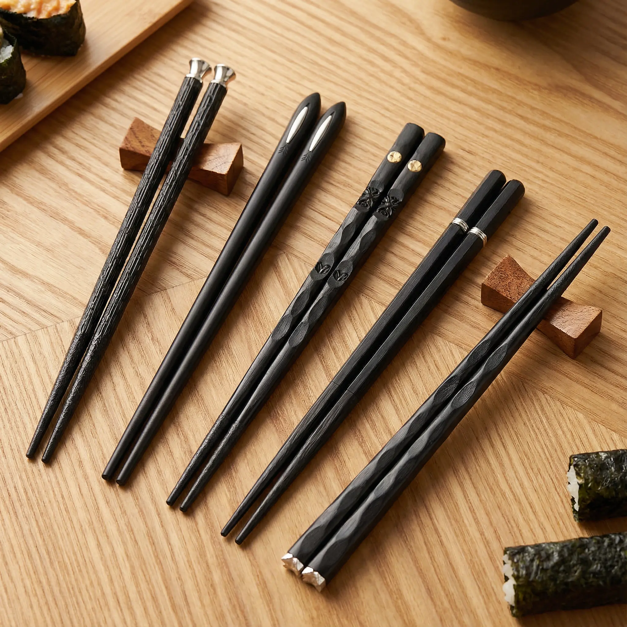 5-Pairs Premium Alloy Metal Chopsticks, High-Temperature Resistant, Durable Unbreakable, Non-Slip Reusable Cutlery with Unique Prints for Home Dining, Hotel Use