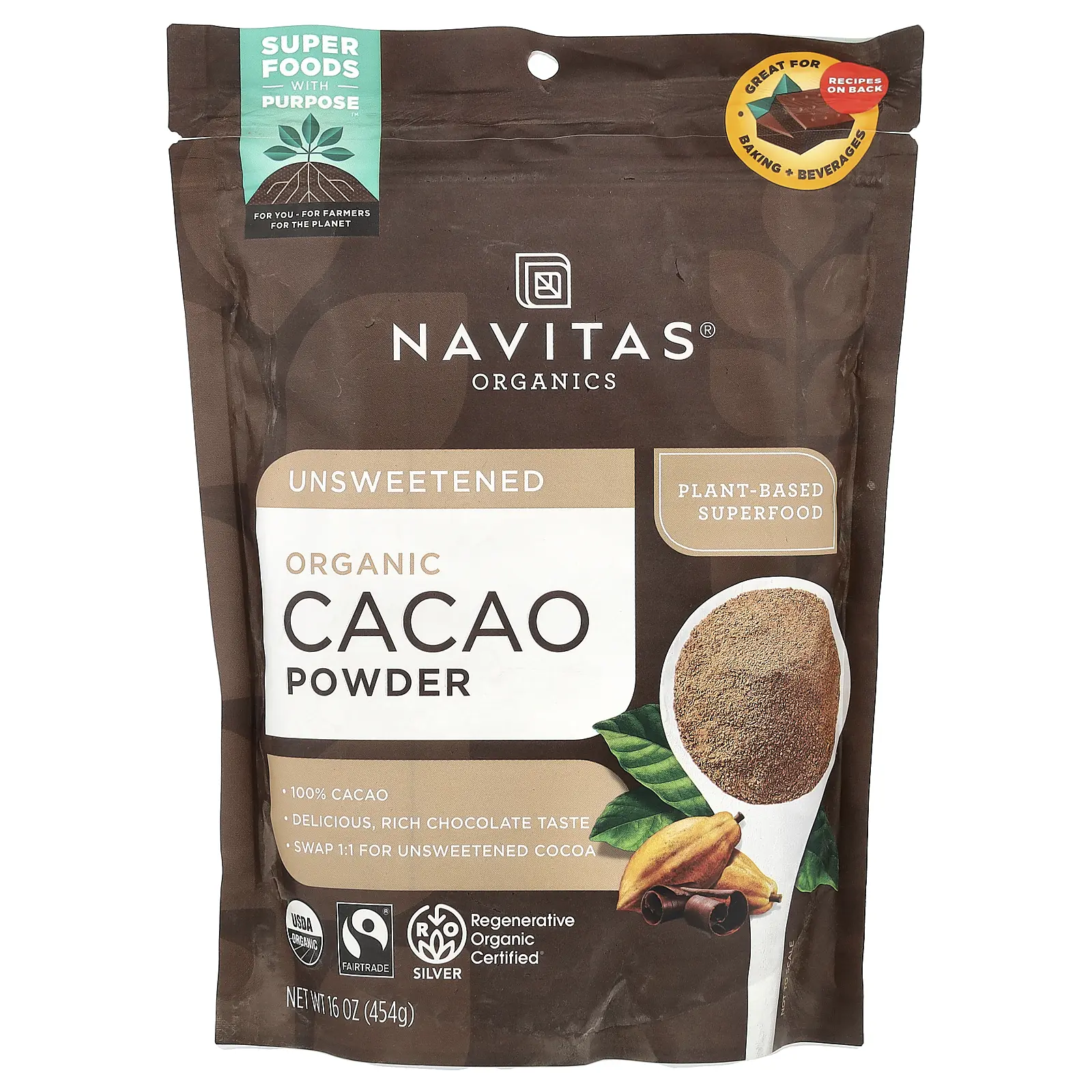 Navitas Organics Organic Cacao Powder, Unsweetened, 16 oz (454 g)