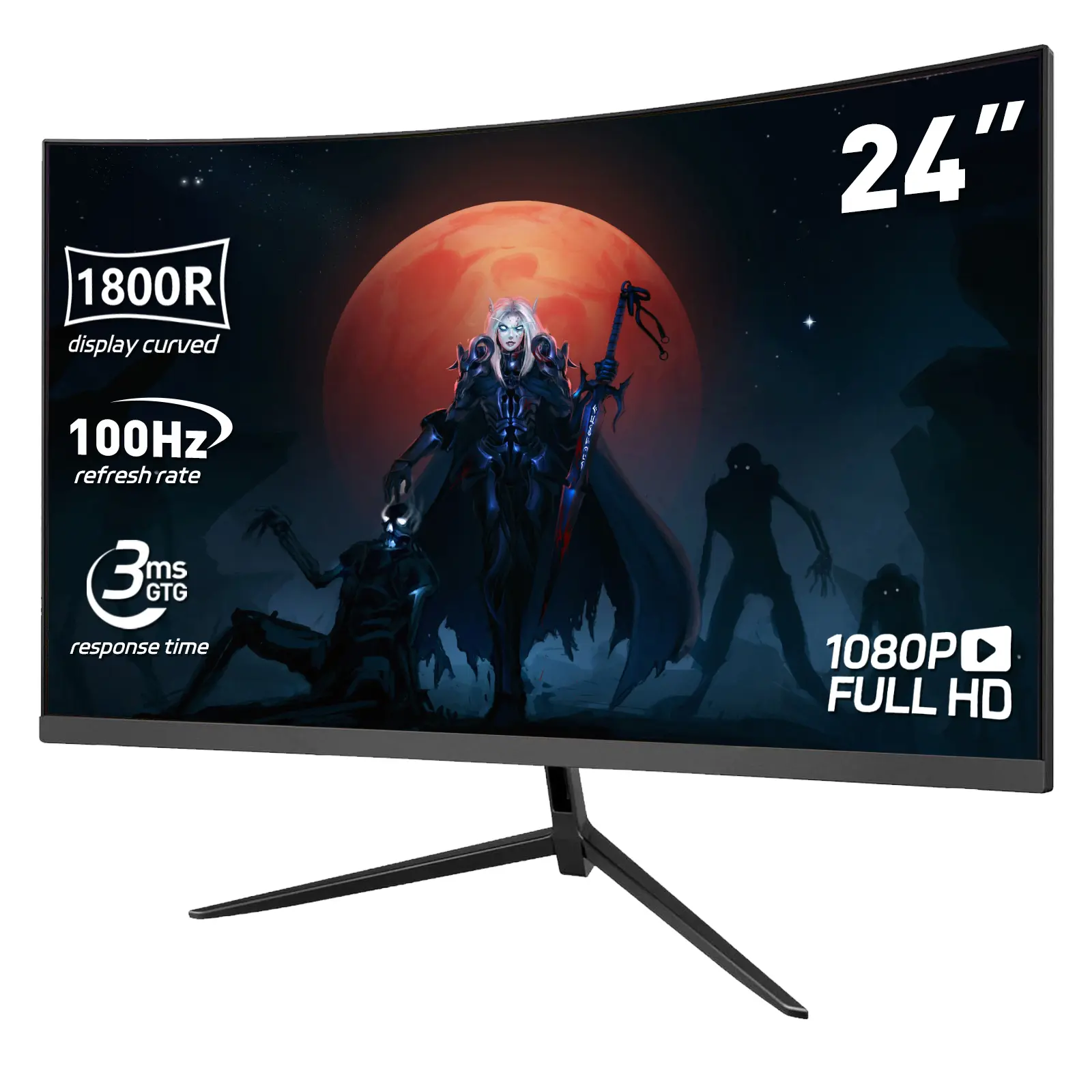 24" Curved IPS Panel Gaming Monitor - 100Hz Refresh Rate, FHD 1080P Resolution, 1ms Response Time, FreeSync, HDMI & DP Ports, Slim Bezel, VESA Compatible