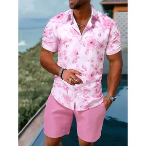 Men's Casual Suit Short Sleeve Shirt Printed Shorts Two-Piece Set Clothes Pink