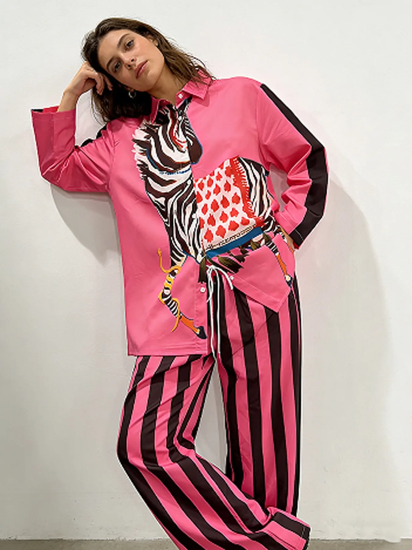 Eye-catching Rose Pink with and Brown! Zebra Print Shirt Paired with Wide-leg Pants in the Same Color Scheme, a Must-have for Fashion, Perfect for a Vacation Vibe! Womenswear Outfit Clothes