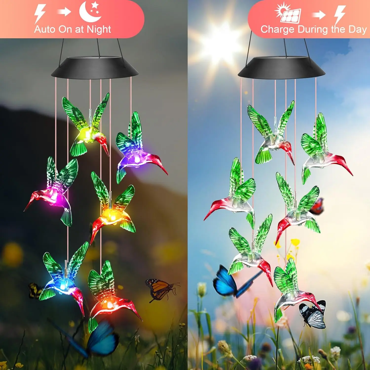 Decorative Solar Wind Chime for Outside, Waterproof Hanging Lights with Color-Changing LED Hummingbird, Butterfly & Crystal Ball, Garden Gifts for Mom & Grandma, Solar Wind Chimes For Outside, Decorative Wind Chime