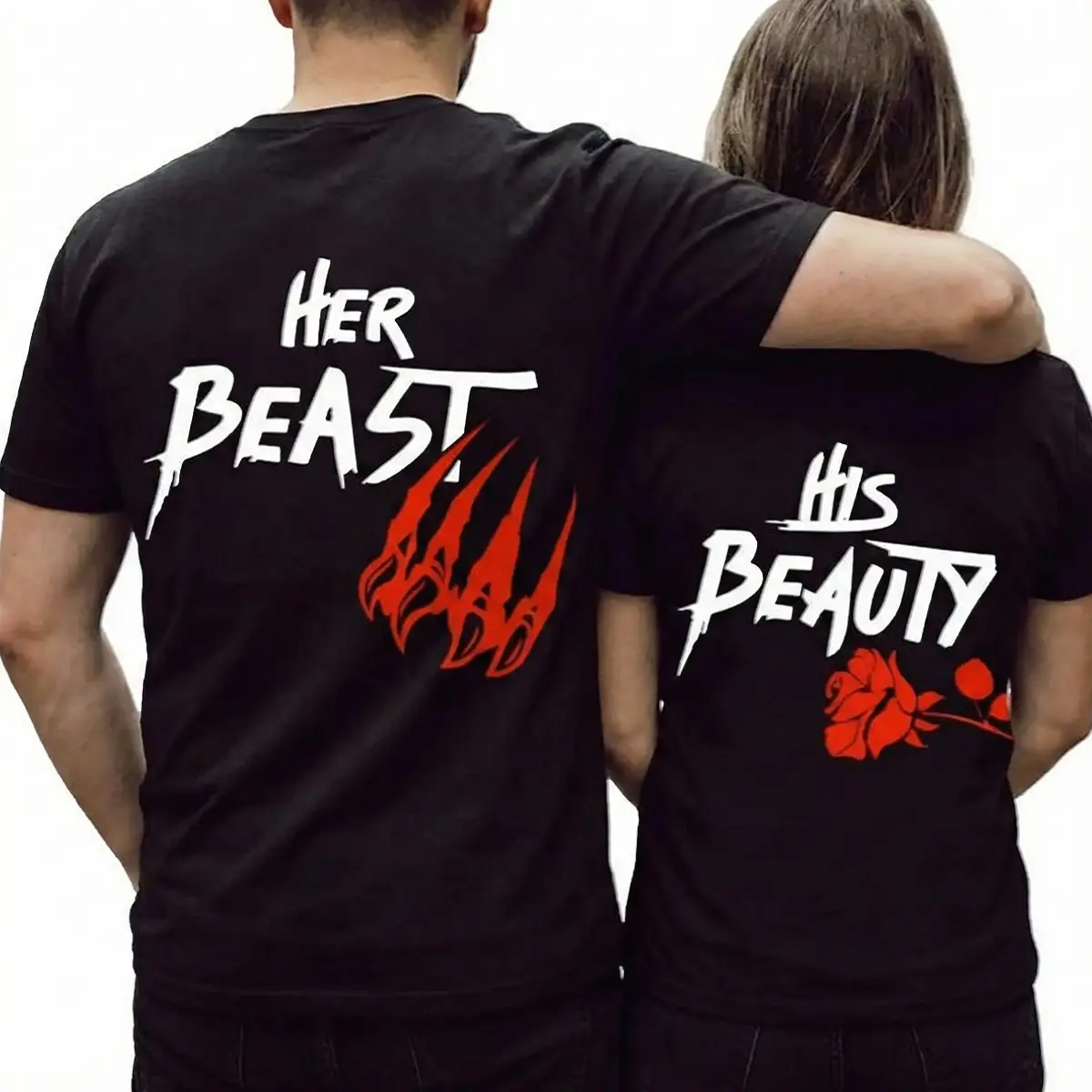 Her Beast His Beauty Matching Couple T Shirts Soft Pure Cotton Graphic Print Tops Casual Streetwear Loose Couple Outfits Perfect For Valentine's Day Anniversary Birthday Sweet Couple Gifts Classic Daily Wear Unisex Couple Tees Made In USA