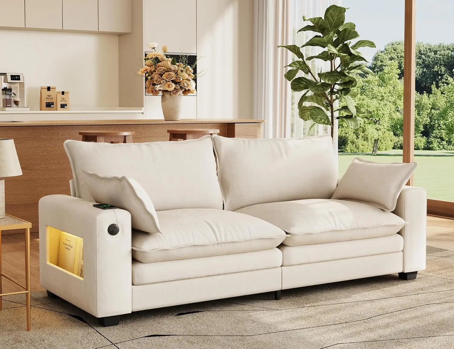 MapleGrace 80" Cloud Loveseat Sofa with LED Light & USB-C Charging Port, Modern 2-Seater Chenille Couch with Wide Armrest, for Living Room, Apartment, Small Space, Grey