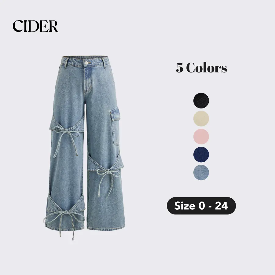 Cider Women's Cute Basic Low Waist Baggy Jeans - Stretchy Denim Pants with Bowknot Pockets, Spring Back-to-School Daily Casual Womensfashion Bottoms, Low Waist Jeans, Casual Street, Oversized Cut, Streetwear