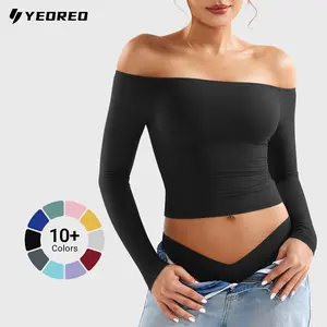 YEOREO Sophie Buttery Soft Off Shoulder Long Sleeve Shirt Double Lined Y2K Going Out Top Casual Cute Basic Womenswear summerwins