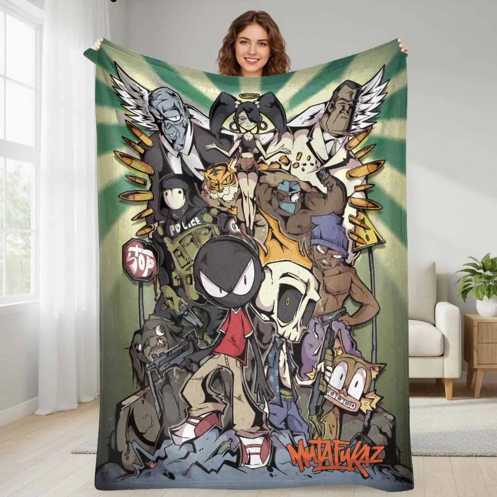 Mutafukaz Character Collage Flannel Blanket Streetwear Anime Print Soft Lightweight Warm Throws Plush Bedspread Ideal For Couch Sofa Living Room Bedroom Travel Camping Housewarming Gifts