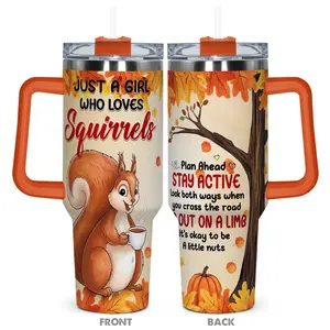 Squirrel Pattern Tumbler, 1 Count 40oz Stainless Steel Insulated Tumbler with Lid, Funny Print Water Bottle for Birthdays, Holidays, Gift for Family, Friends, Drinkware