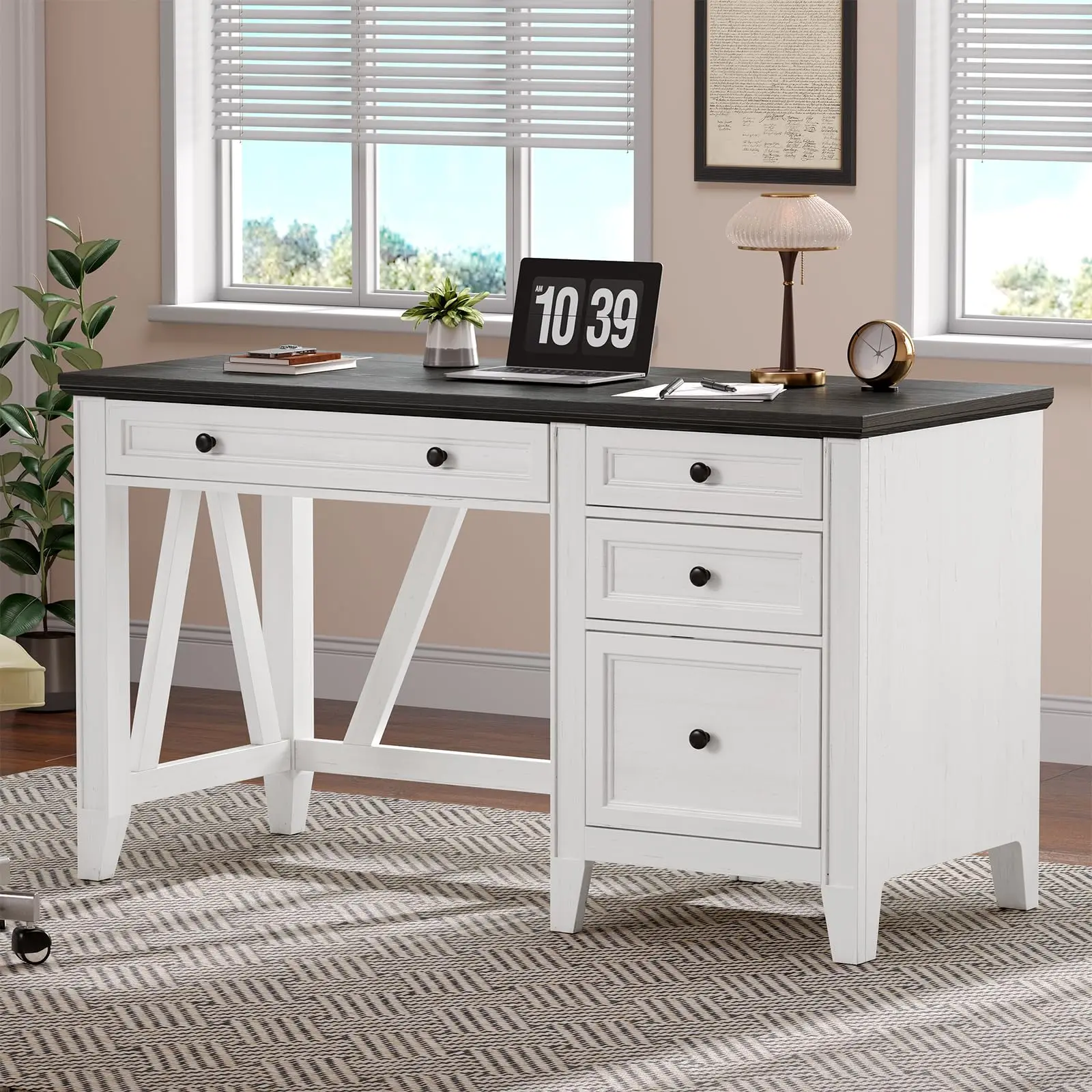 【SummerFinds】ONBRILL 54 Inch Farmhouse Executive Desk, Computer Desk with Storage Drawers & File Drawer, Modern Home Office Desk with Charging Station for Working, Studying, Writing