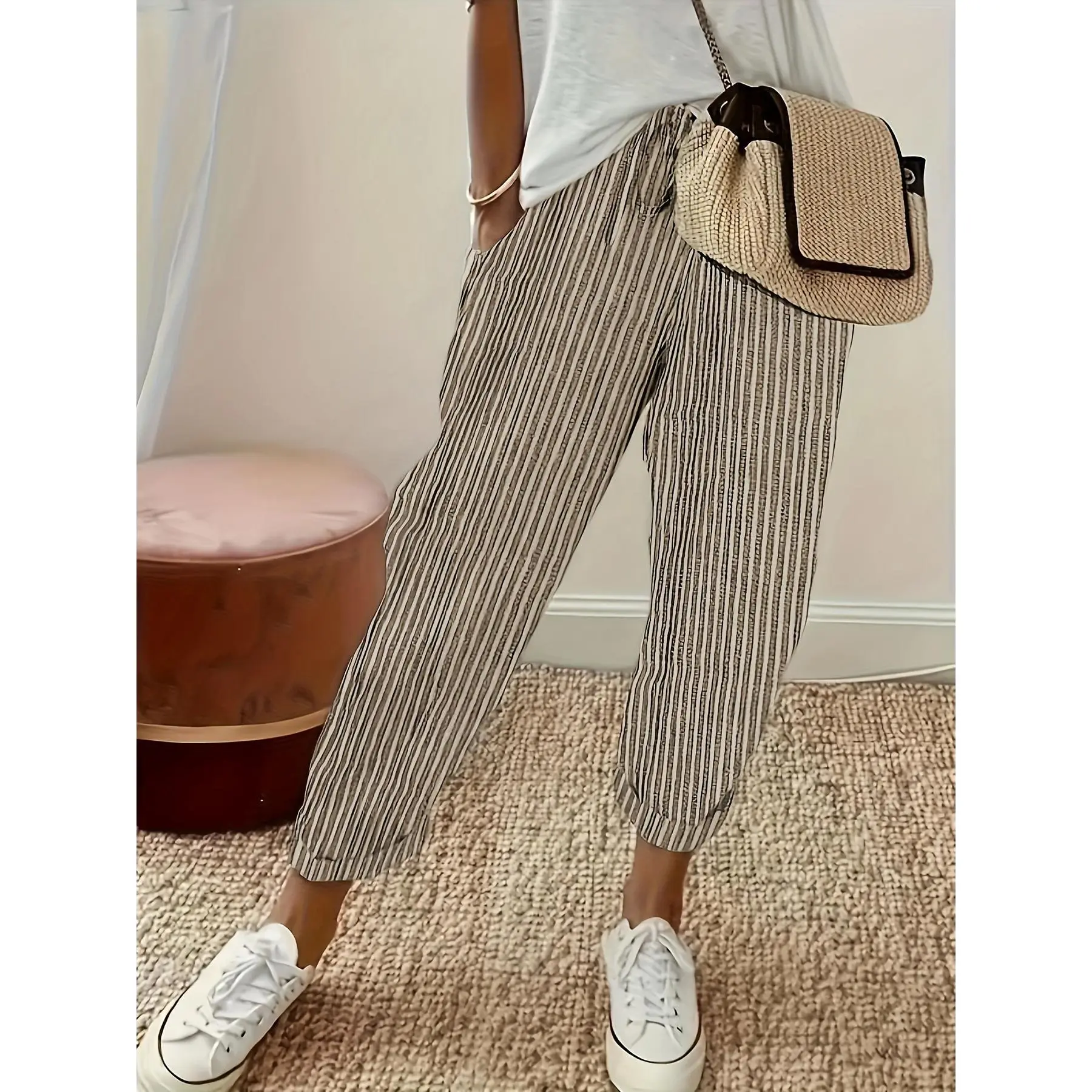 Women's High-Waisted Wide-Leg Polyester Pants - Clothes for Women, Casual Wear, Striped Design with Side Stripe Detail, All-Season Bottoms