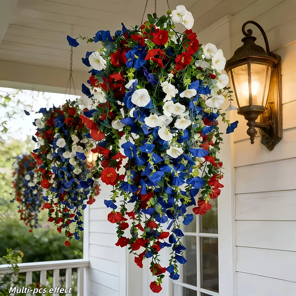 Three sets in red, white and blue of artificial patriotic flowers, Artificial hanging plant, are suitable for hanging and decorating, July 4th celebrations, weddings and seasonal decorations, Artificial Decorative Flowers