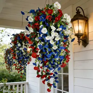 Three sets in red, white and blue of artificial patriotic flowers, Artificial hanging plant, are suitable for hanging and decorating, July 4th celebrations, weddings and seasonal decorations