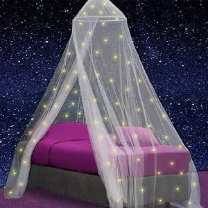 White Bed Canopy with Glow Star Decor, Full Coverage Canopy Net for Twin to King Beds, Bedroom Decorative Canopy, Mosquito Net