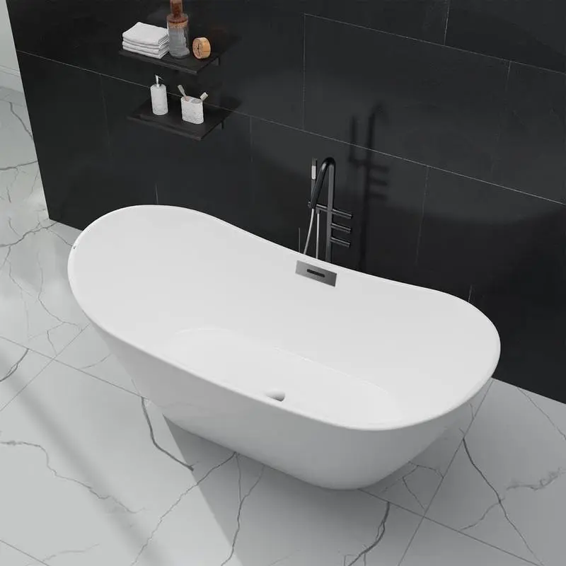 White 67“ Freestanding Bathtub, Acrylic Streamline Stand Alone Soaking Bath Tubs for Adult with Overflow and Drain in Chrome, Perfect for Your Bathroom