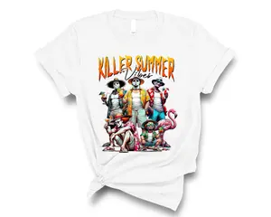 Killer Summer Vibes T-Shirt - Funny Horror Movie Characters Beach Scene Tee for Scary Movie Fans, Halloween Vacation Shirt, Casual Everyday Wear