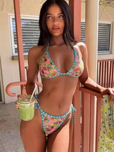 Women's Swimsuit bikini, Tie Side Bikini, summer trapical hisbicus fruit print white yellow green colour reversible OOTD, Vacation Outfits, music festival, Pool Party beachwear Bikini Swimsuits Summer 2026