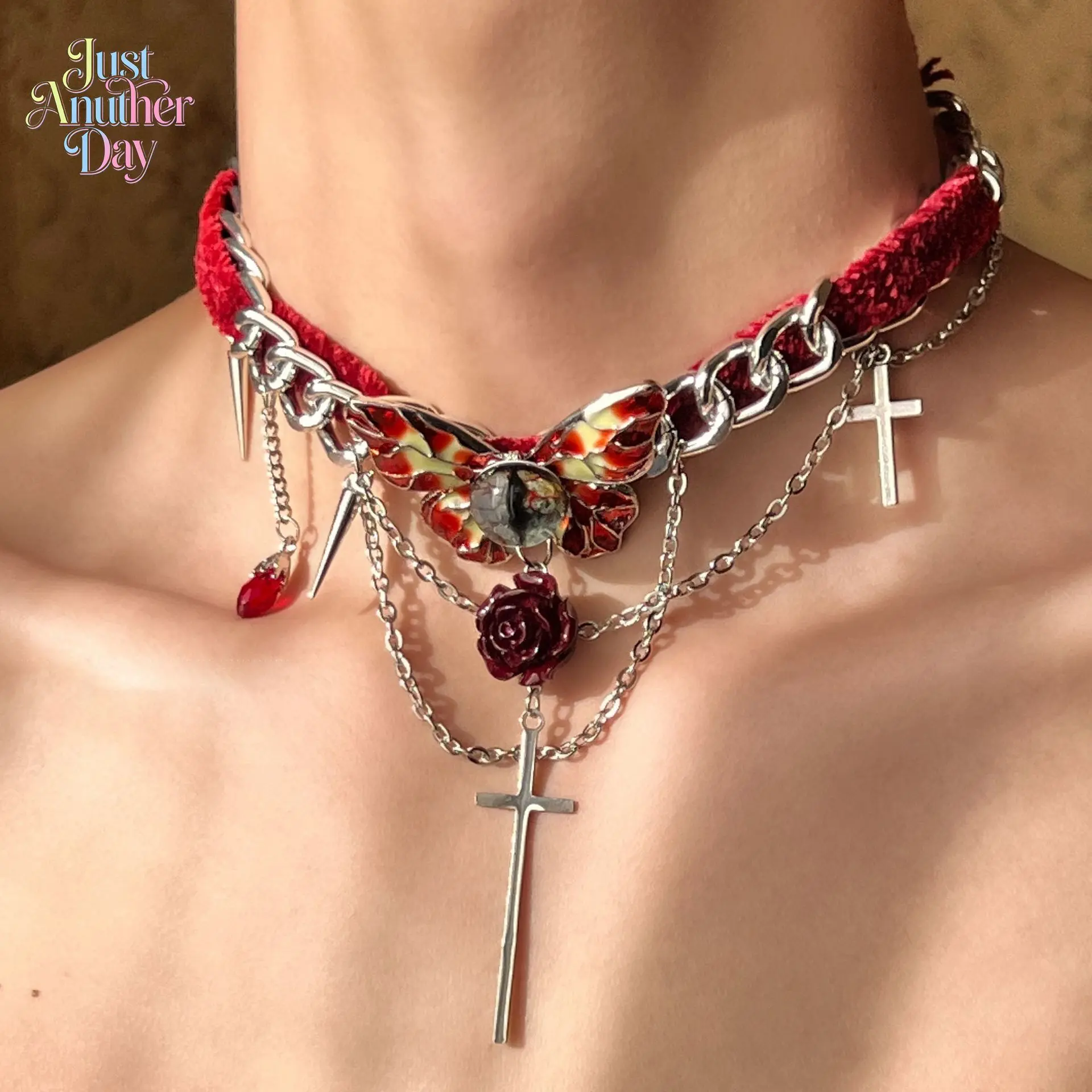Gothic Butterfly Cross Red Velvet Choker Necklace, Layered Tassel Collar with Rose & Crystal Charms, Sweet Cool Style Neck Chain for Women