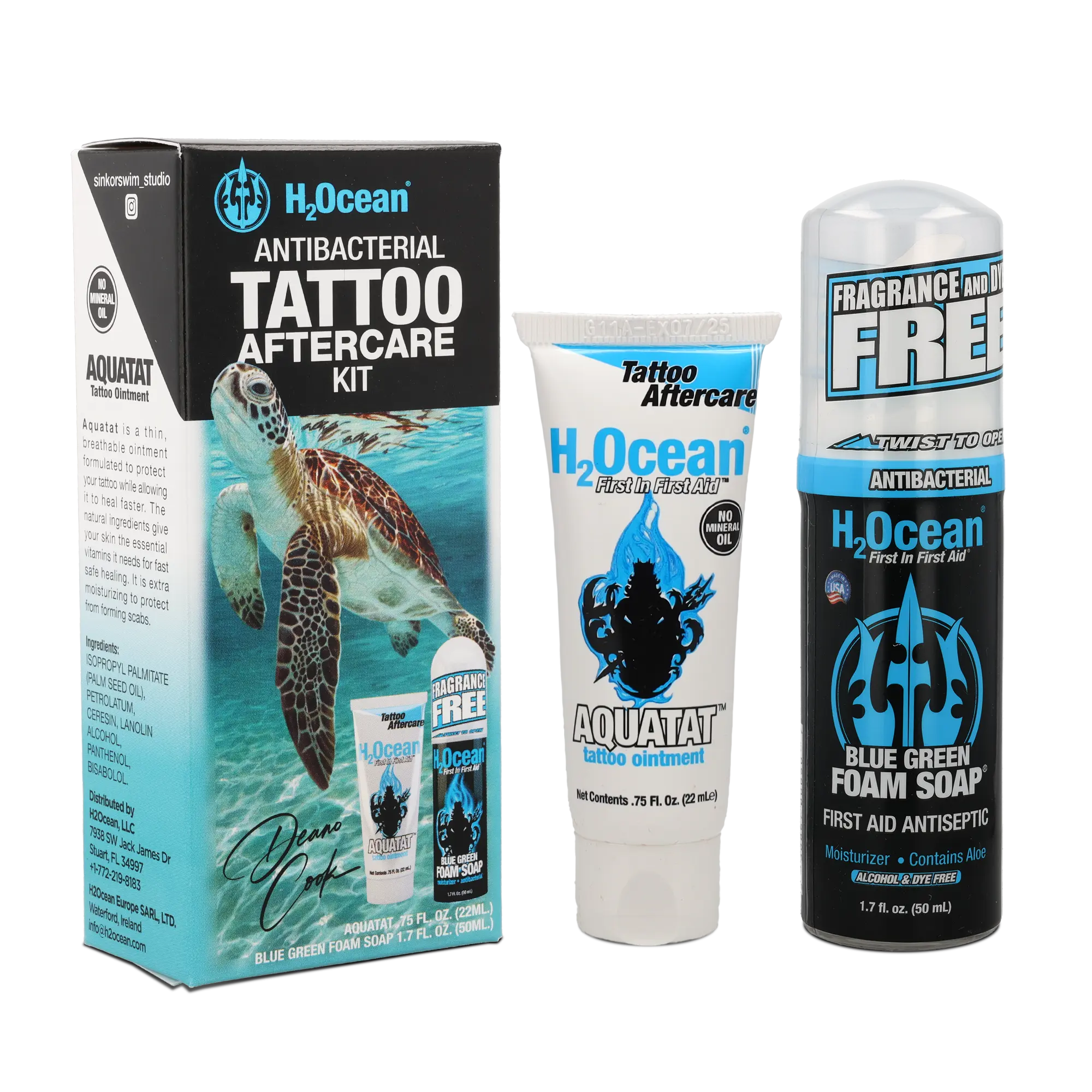 H2Ocean Antibacterial Tattoo Aftercare Kit - 2pk with Aquatat Ointment & Blue Green Foam Soap for Safe Healing and Disinfection