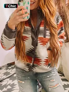 Women's Geometric Print Pocket Button Front Zipper Stand Collar Polar Fleece Jacket, Casual Long Sleeve Outerwear For Fall & Winter, Women's Clothes For Daily Wear, Coat