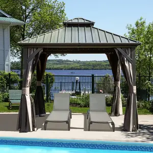 Domi 8’ X 8’ Hardtop Gazebo Canopy with Netting & Curtains, Outdoor Gazebo with Galvanized Steel Double Roof for Patio Lawn and Garden