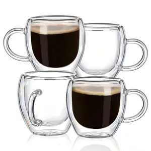 4-Piece Set Double Walled Borosilicate Glass Mugs with Handle - Heat Resistant, Condensation Free, 2.5oz Espresso Cups Tea Mugs, Perfect Gift