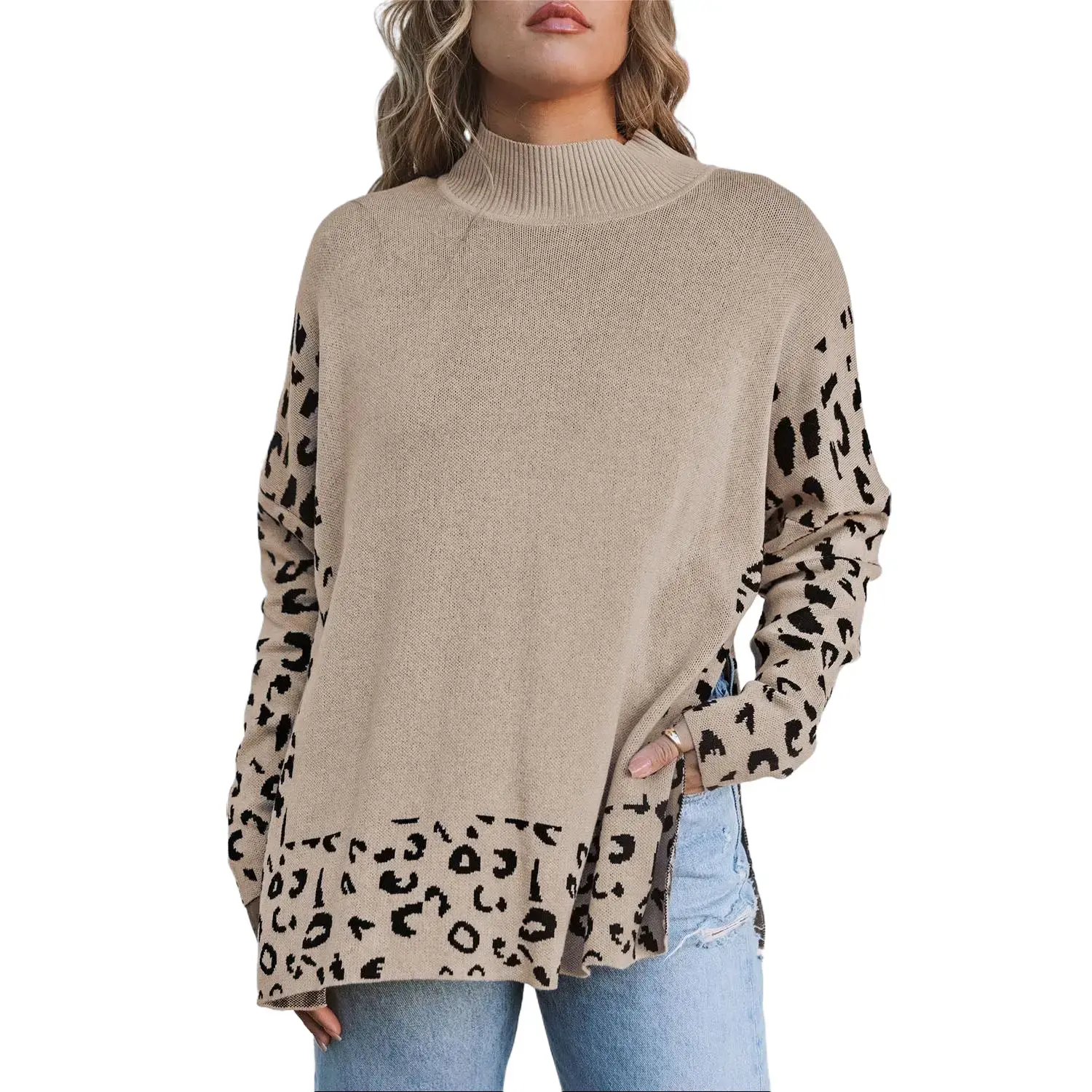 Khaki Leopard High Neck Side Slit Oversized Sweater