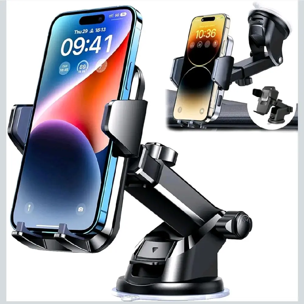 Smartphone Holder, Phone Mount for dashboards and windshield, Quick release button, Telescoping Arm, 360° rotation, Strong Suction Base, Universal Fits Most Smartphones