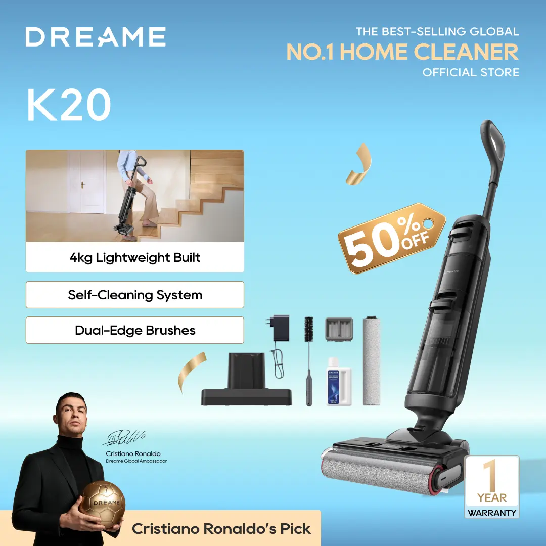【New Arrival】Dreame K20 cordless wet and dry vacuum with dual-edge brushes,  high-frequency mopping to clean wet and dry mess on hard floors efficiently with anti-tangling tech, lightweight design, self-propelled cleaning convenience