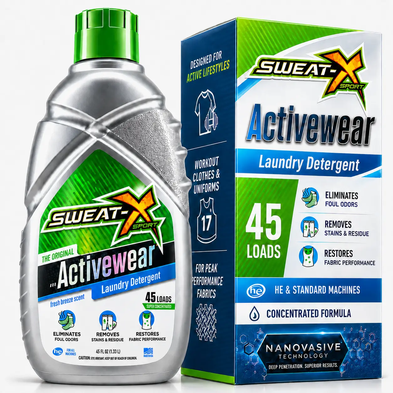 Sweat X Sport Activewear Fabric Laundry Detergent Bottle, 45 oz Non-Toxic Stain-Resistant Sanitizing Anti-Static Biodegradable High-Efficiency All-Purpose Household Cleaner for Workout Sportswear Care, 24-Month Shelf Life