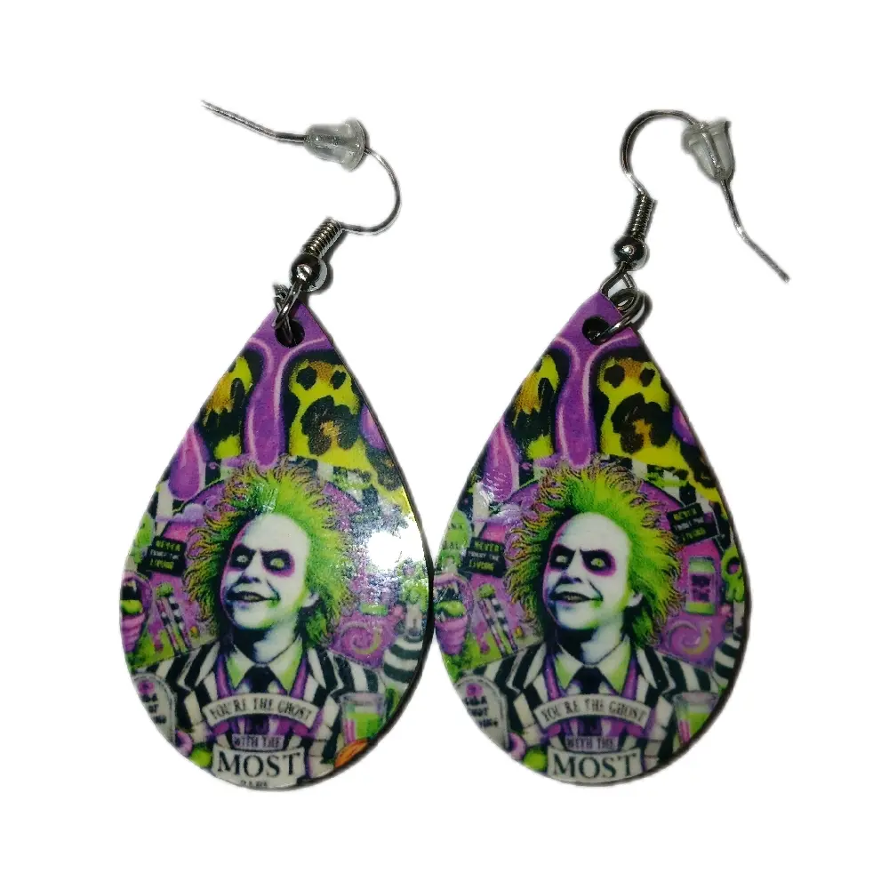 Beetlejuice Earrings - Teardrop Design with Unique Graphics and Charms, Featuring the Character from the 1988 Film
