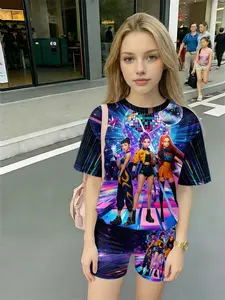 Disco Neon Huntrx Women's Short Sleeve Set, 3D Anime Character T-Shirt & Shorts Two-Piece, Casual Asymmetrical Design, All over Print, Fit, Clothes