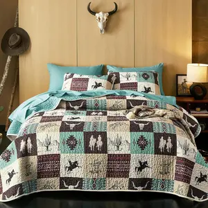 - Set, Southwestern Aztec Horse Cowboy Rustic Ranch Pattern Printed, Reversible Lightweight Bedspread Coverlet, 3 Pieces, Turquoise Taupe, Queen/Full Size