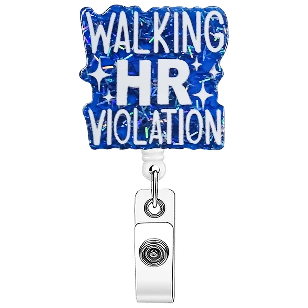 A design with humorous text, blue glitter main body, Badge Reels Retractable, Funny Badge Reel, Id Badge Holder, with telescopic structure and metal clip, suitable for hanging work badges and adding fun to the workplace