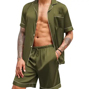Ekouaer Men's 2-Piece Satin Pyjamas Set - Menswear Comfy Shortsleeve Button-Down Shirt, Soft Polyester-Spandex Fabric Loose Pocket Pants Simple Sleepwear & Loungewear