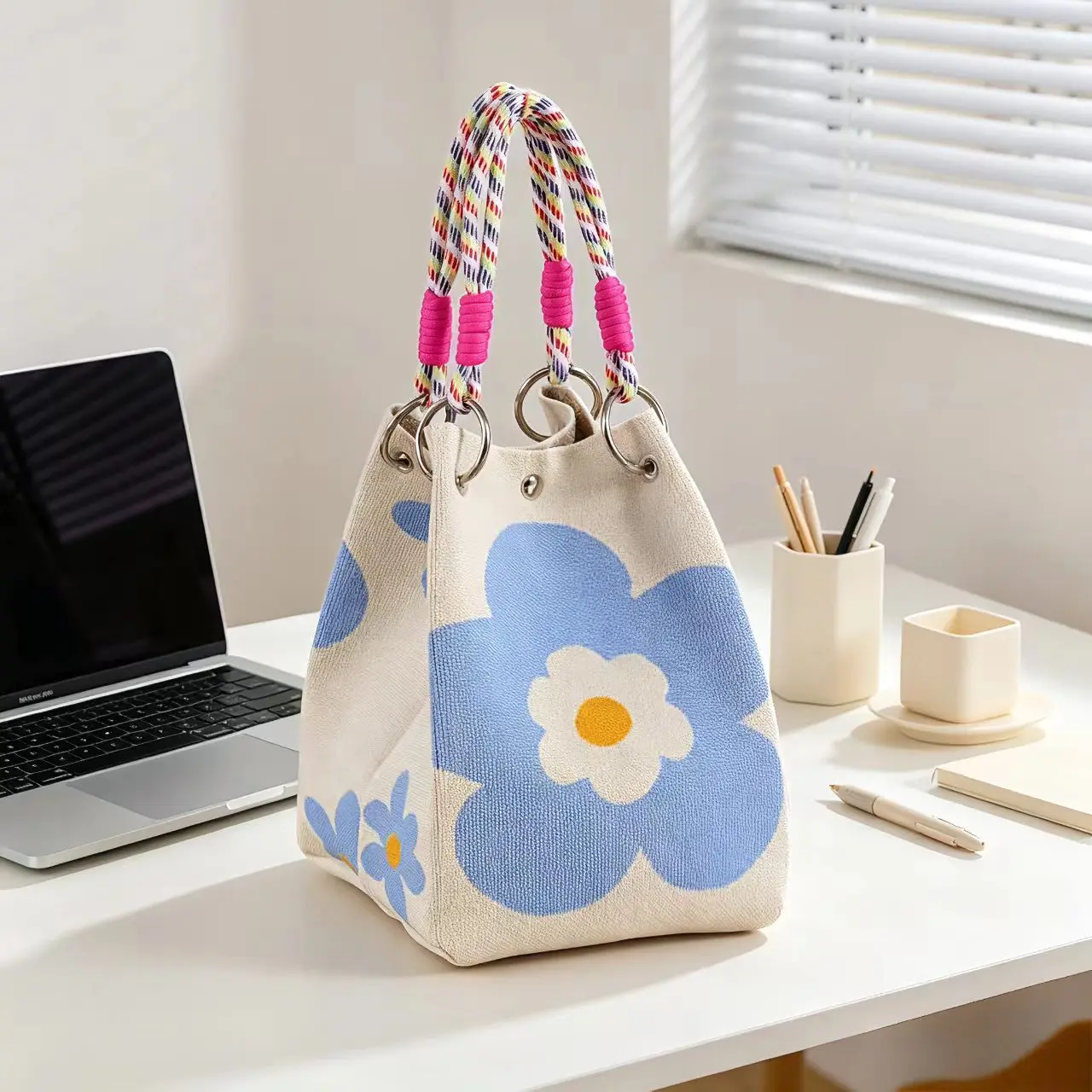 Women's Classic Knitted Fabric French Country Blue Handbag Set - Small Size, Adjustable Soft Rope Handle, Patchwork Floral-Patterned, Compact, Turn-Lock Closure, Non-Toxic Home Organizer Storage Bag for Beach Trips, Daily Shopping, Home Supplies, Casual