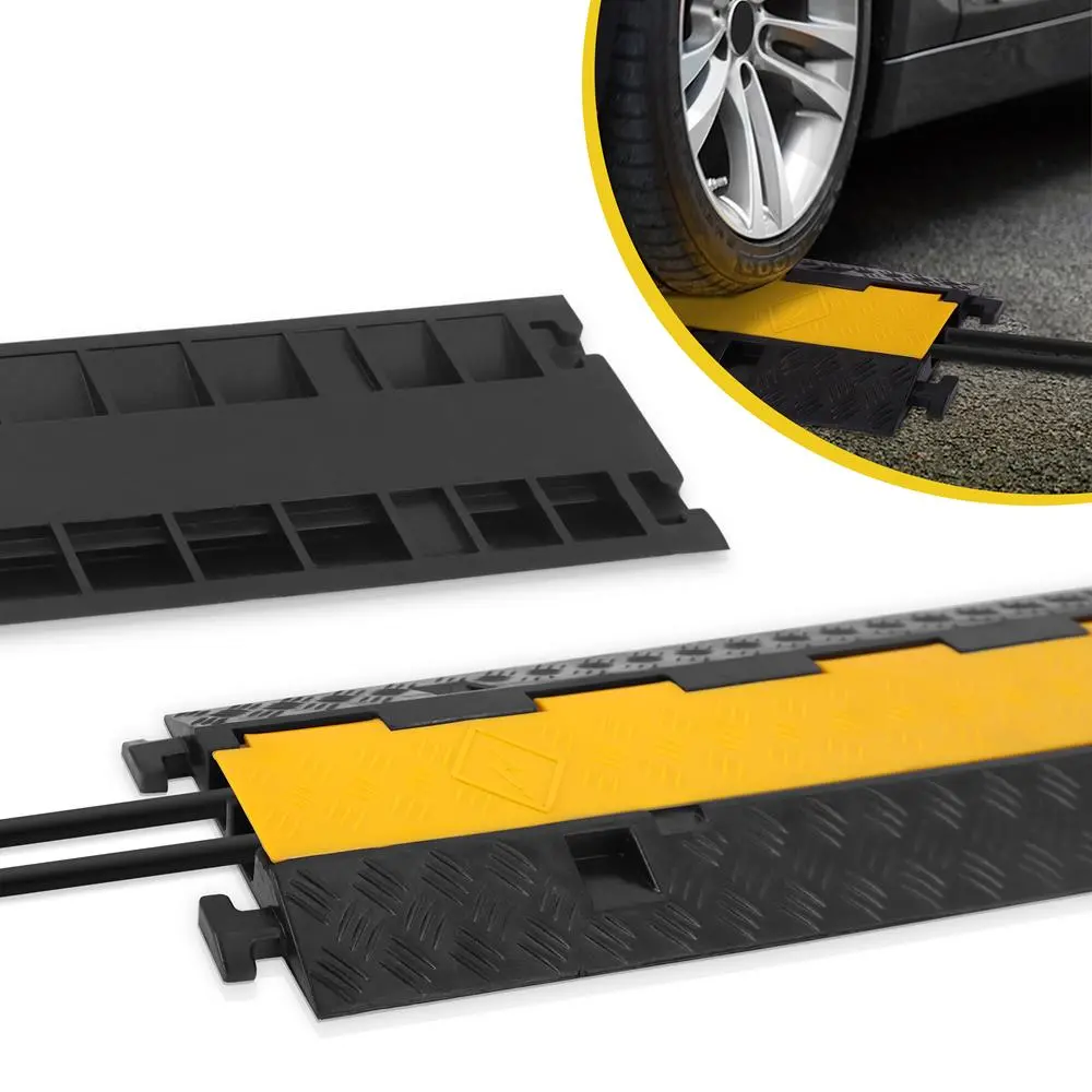 Pyle Rugged Polyethylene Floor Cable Ramp Protector, 2000 lbs Max Load, 2-Channel Groove Design, Textured Anti-Slip Surface, Flip-Open Top Cover, Interlocking, Yellow for Wire/Extension Cord Storage (Warehouses, Home Improvement)