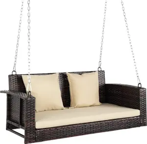 VINGLI Heavy Duty 800 LBS Wicker Hanging Porch Swing with Cushions & Chains, 4FT Outdoor Rattan Swing Bench for Garden, Yard, Lawn