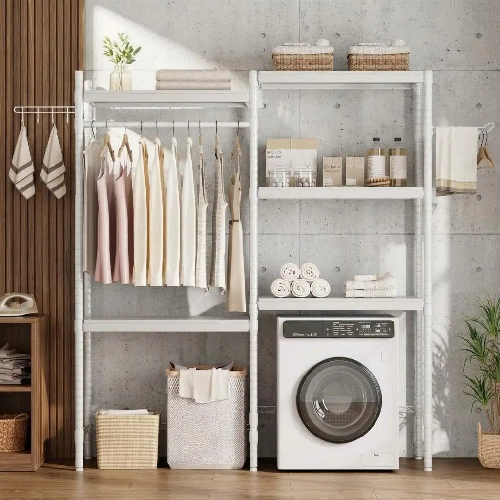 Laundry Room Organization and Storage 5-Tier Over-the-Washer Storage Shelf Adjustable Height Laundry Organizer Space Saver Heavy Duty Bathroom Laundry Shelf for Home Storage and Decor