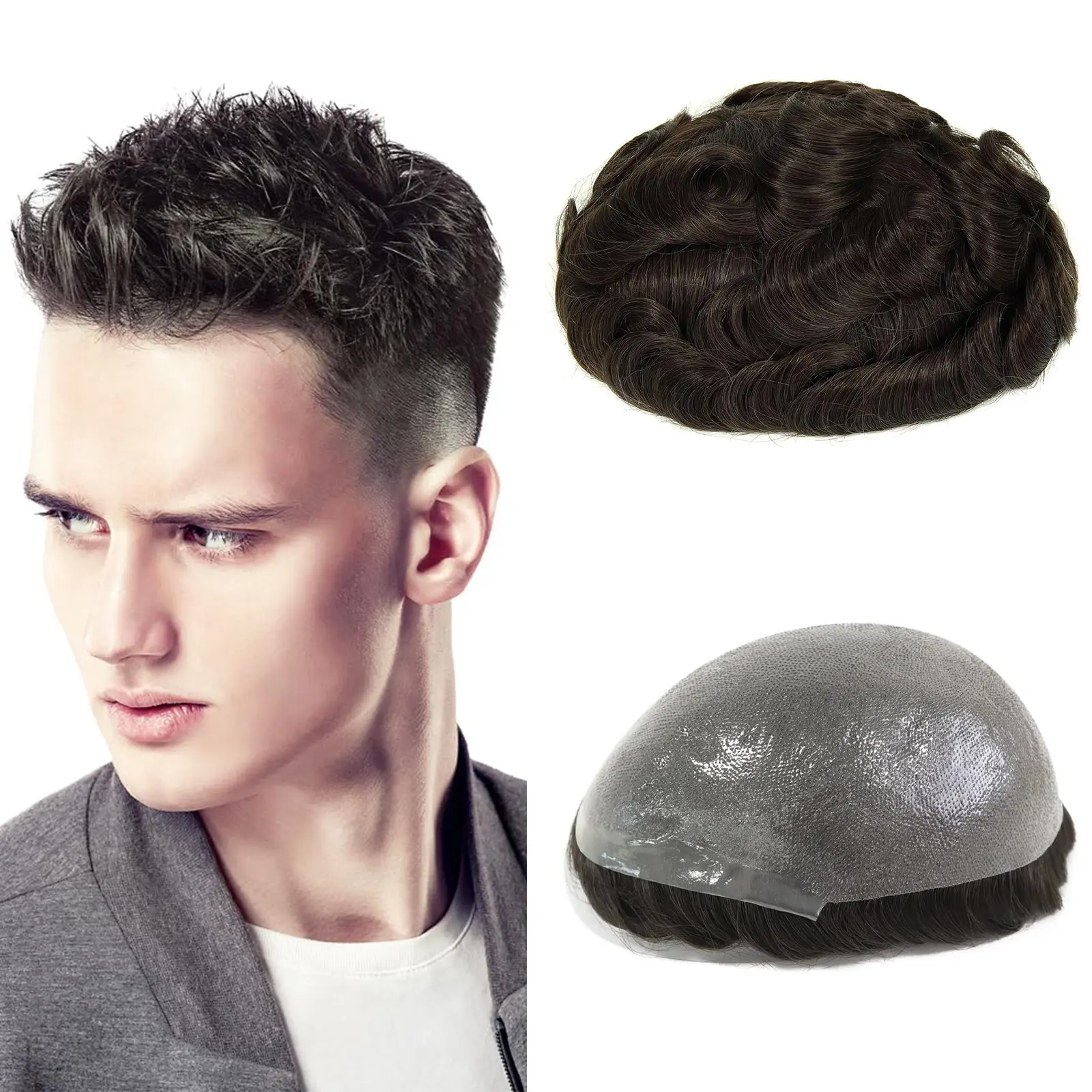Undetectable Mens Hair Toupee Soft Human Hair Replacement Fix Receding Hairline #2color replacement system hairpiece v-looped