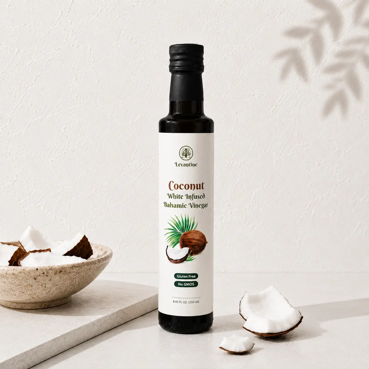 Levantine Balsamic Vinegar - Coconut Infused White Balsamic Vinegar 8.45 Fl Oz | Flavored White Balsamic Vinegar for Salad Dressing, Marinade, Cooking Essentials, Mediterranean Recipes, Gourmet Food, Fruit Vinegar